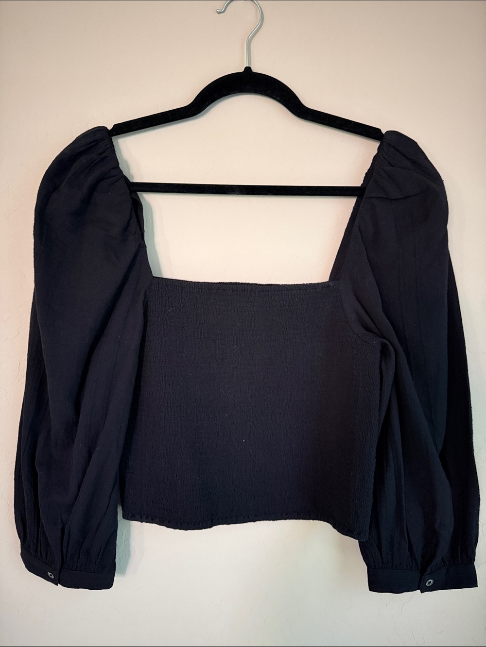 Joie Crop Top Black Shirred Bodice w/ a Square-Neckline Puff Sleeve Cotton Sz L - Picture 2 of 9